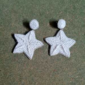 White Beaded Star Summer Earrings,white Seed Beads Star Earrings ...