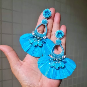 Bohemian turquoise feathers statement earrings, handmade bold feather earrings, blue and silver long earrings, Summer turquoise danglers