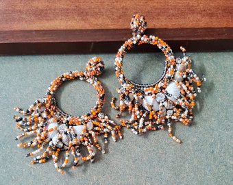 Boho Seed Beads Sea Shell Statement Frienges Ohrringe - Boho Perlen orange schwarz mutig Ohrringe - Multi Fringes Boho Ohrringe