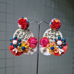 Multi Color Raffia Lux Floral Oversized Earrings - Handmade Bold Flower Hoop Earrings - Statement Floral Colorful Hoops Carnation Jewellery