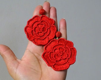 Handmade embroidered floral earrings, red flower earring, spring flower earrings-peach flower earring-embroidered southwest flower earring