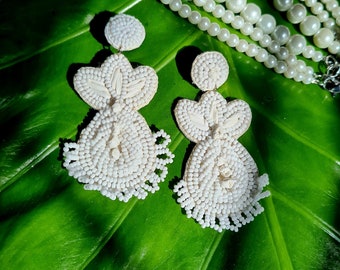 Statement Bohemian Wedding Earrings - Raffia And Beads Teardrop Floral Bridal Earrings - Handmade Bridal Earrings - Irish Wedding Earrings