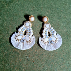Bohemian Oversized Bridal Earrings - Statement White Raffia Opal And Golden Accent Wedding Earrings - Handmade Large Bridal danglers - Bride