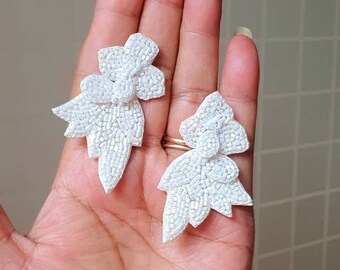 Bridal floral  statement earrings- handmade white beaded long floral bridal earrings, white flower bridal earrings,wedding white earrings-1