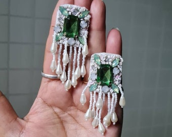 Cabochons Studded Emerald Green Topaz Blue Pearls fringes Wedding Earrings, Crystal And Pearls Bridal Earrings By Carnation Jewellery