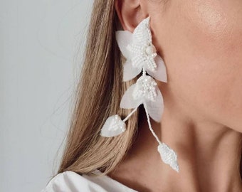 Unique Handmade White Fabric And Beads Statement Extra Long Wedding Earrings - Boho White Oversized Bridal Earrings, Earring For The Brides