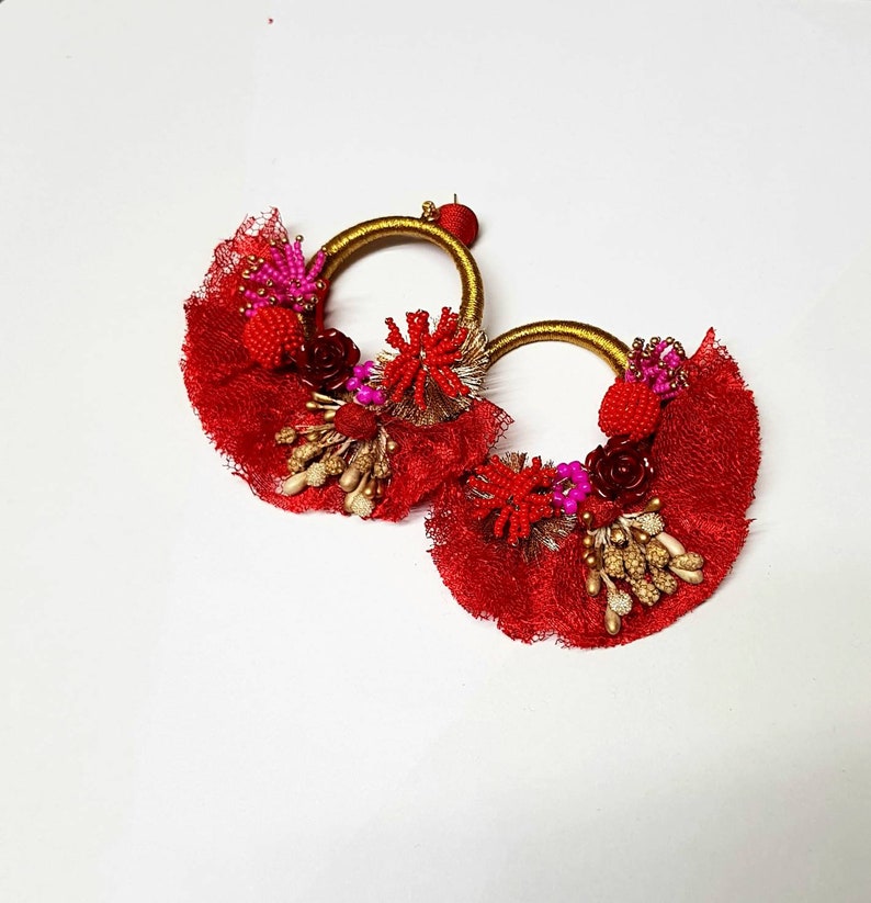 Christmas red hoop Handmade Bridal Red Earrings,Wedding oversize earring,Red Embellished hoop earring Statement handmade Red Earring