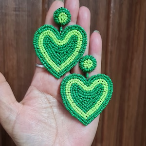 Heart earrings - Handmade Green Seed Beads Heart Earrings, Green Heart Danglers, Beaded Green Earrings - Hearts By Carnation Jewellery