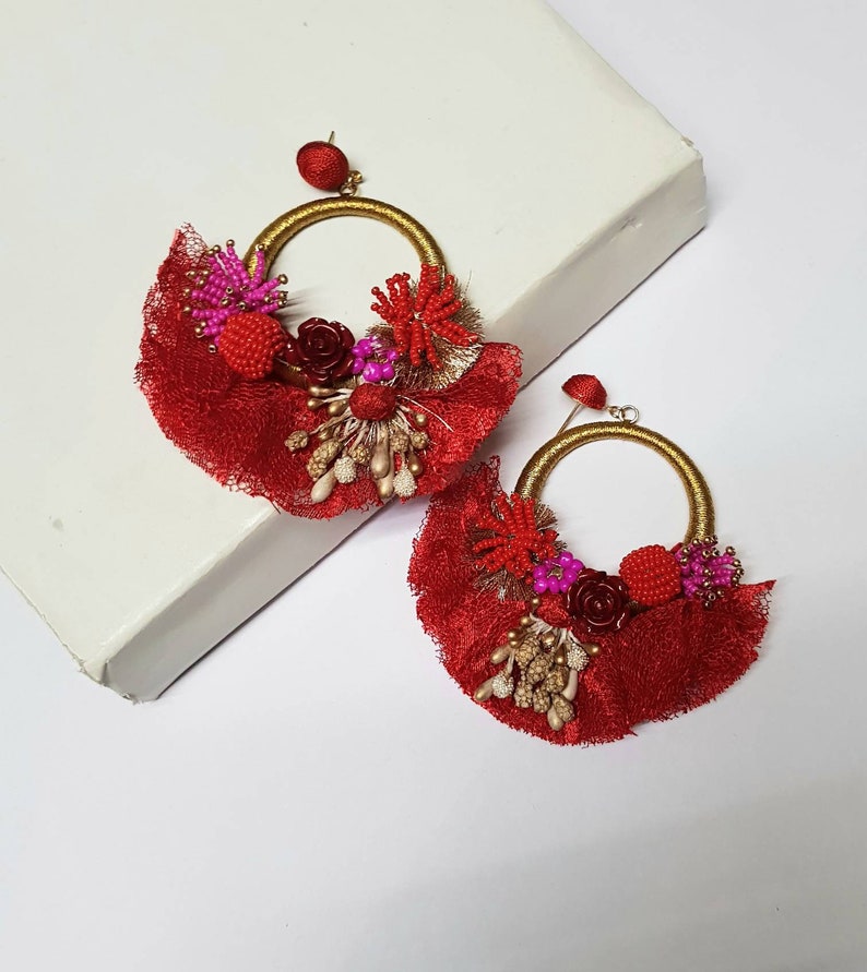 Christmas red hoop Handmade Bridal Red Earrings,Wedding oversize earring,Red Embellished hoop earring Statement handmade Red Earring