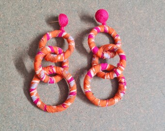 Handmade pink orange printed fabric wrap hoop earrings, Summer orange pink hoops earring,fabric pink hoop earrings, pink-orange hoop earring