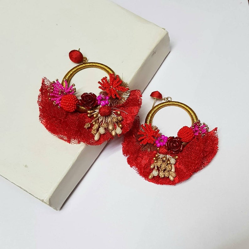 Christmas red hoop Handmade Bridal Red Earrings,Wedding oversize earring,Red Embellished hoop earring Statement handmade Red Earring