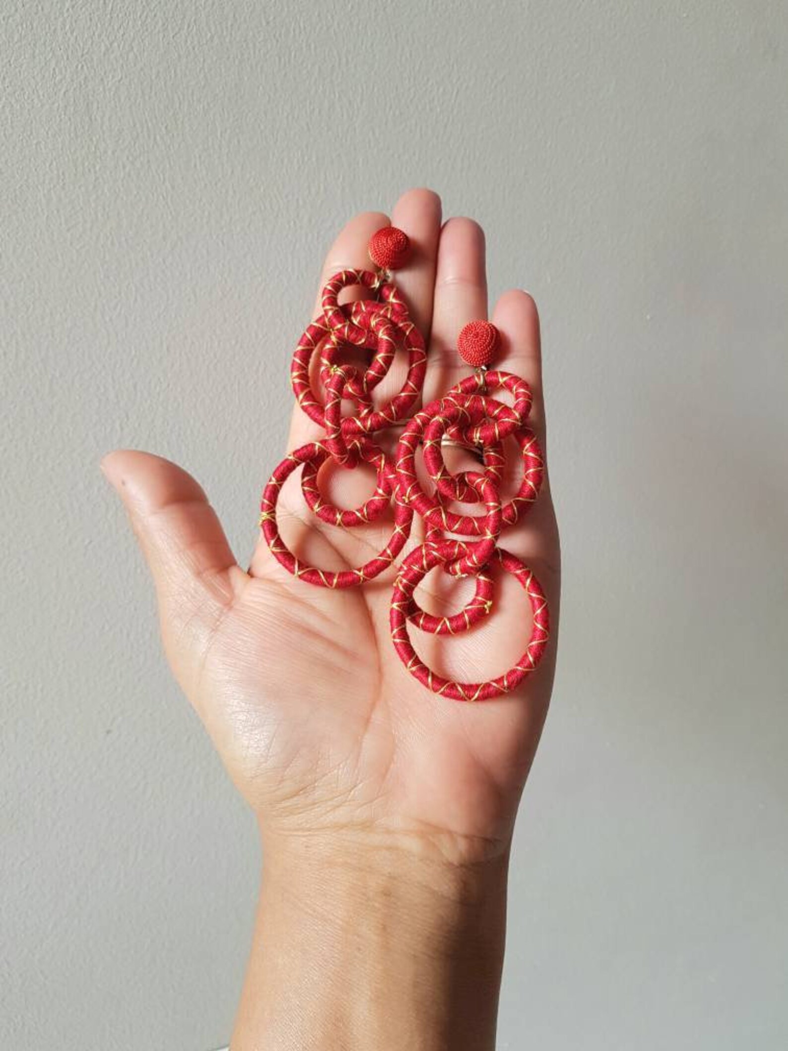 Handmade thread Wrap multi hoops long Earrings Red and yellow Etsy