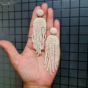 Pearly Seed Beads Bridal Tassel Earrings - Bridal Ivorye Fringes Earrings - Wedding Beaded Long Earrings - Pearly Beads Long Earrings 9 Rows
