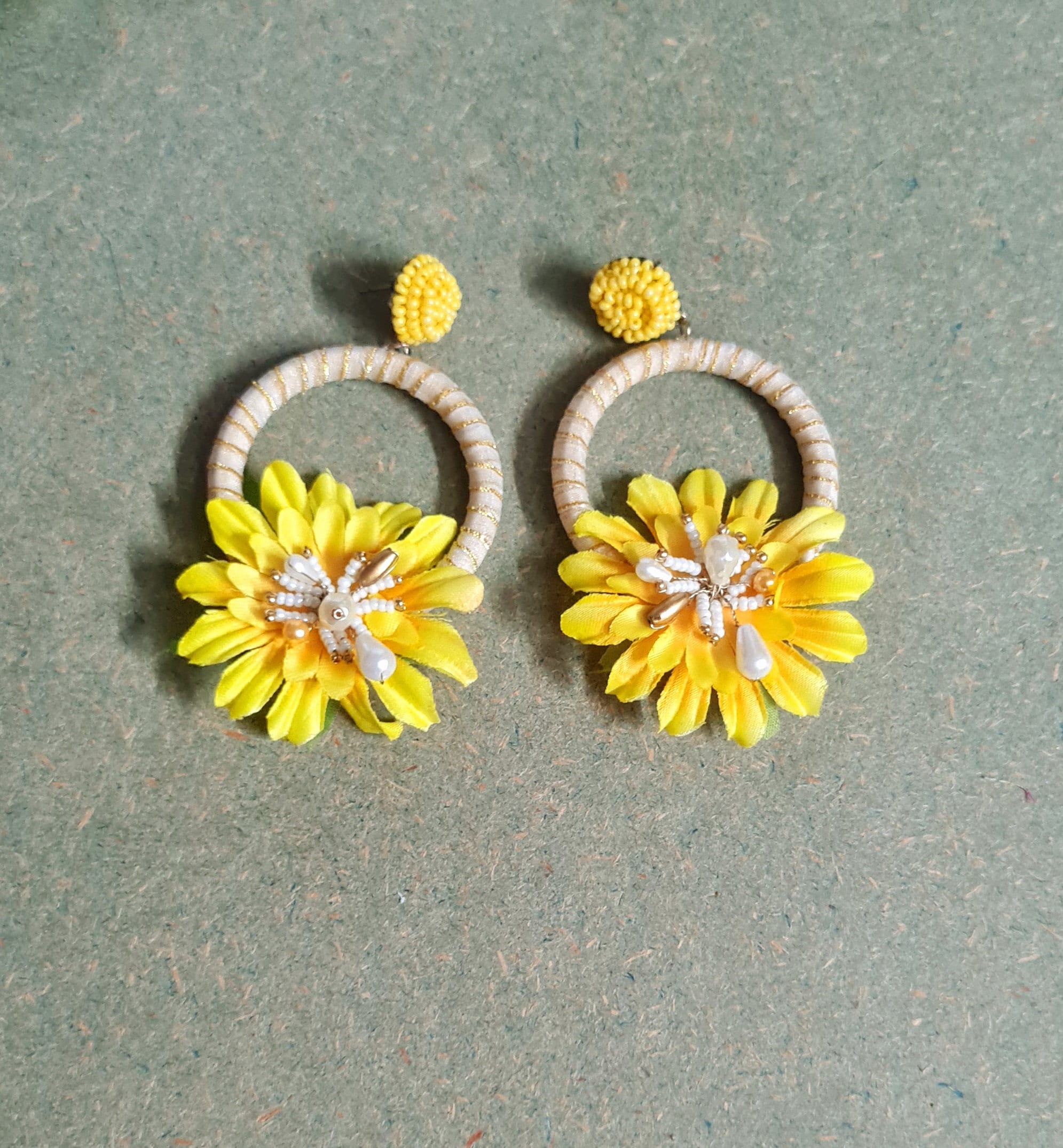 Handmade Yellow Floral Hoop Earrings: Bohemian Spring Summer Statement