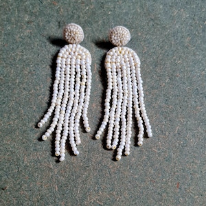 Off White Beaded Tassels Long Wedding Earrings - Handmade Pearly Beads Fringes Long Bridal Earrings - Ivory Tassels Brides Danglers