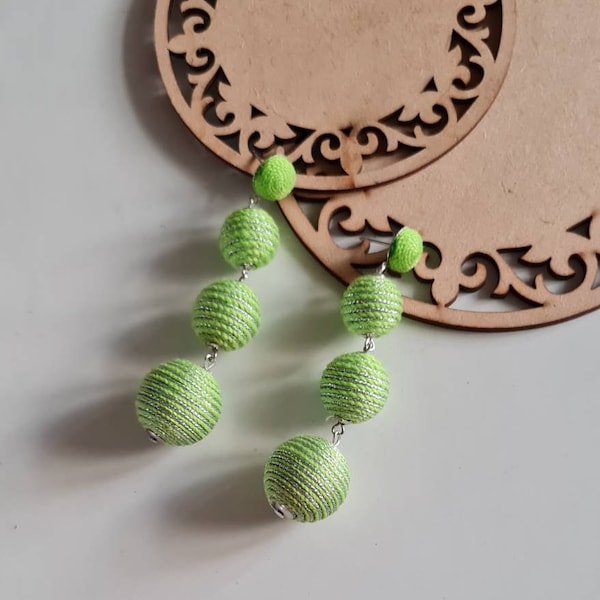 Bright green earrings,handmade thread wrapped green-silver beads earrings,green spring Summer jewelry, green threaded beads long earrings