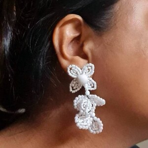 Vintage Look Handmade White Beaded Wedding Earrings - State Of Art Earrings - Floral Handcrafted White Bridal Earrings - Carnation Jewellery