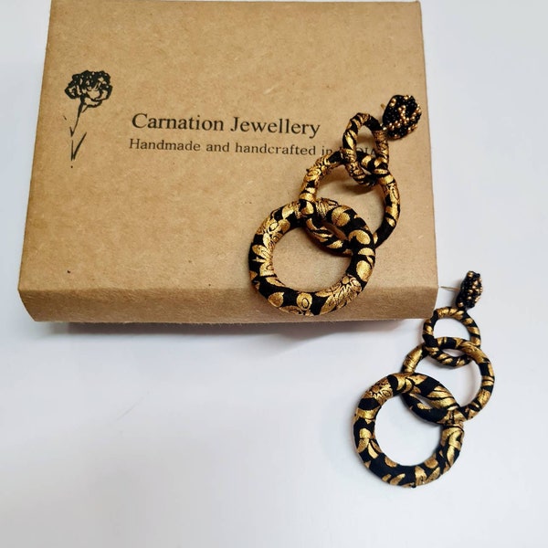 Black And Gold Fabric Warp Long Hoop Earrings, Black Circle Earrings, Gold-Black  Three Tier Hoops, Hoop Earrings By Carnation Jewellery