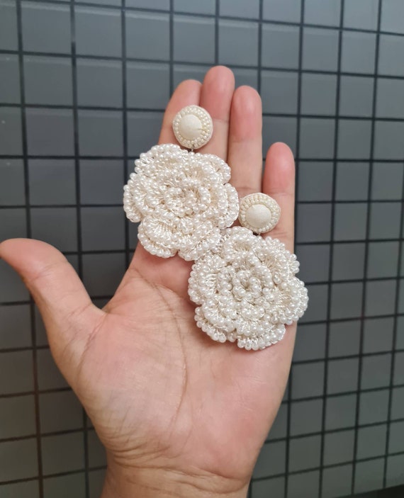 Bridal Handmade Ivory Crociate Flower Statement Earrings Handcrafted Intricate Ivory Wedding Earrings Bohemain Ivory Flower Bridal Earring Etsy Canada