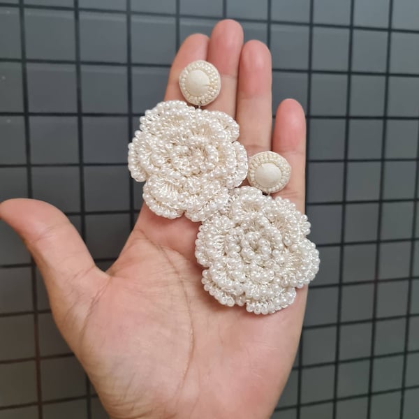 Bridal handmade ivory crociate flower statement earrings, handcrafted intricate ivory wedding earrings, bohemain ivory flower bridal earring