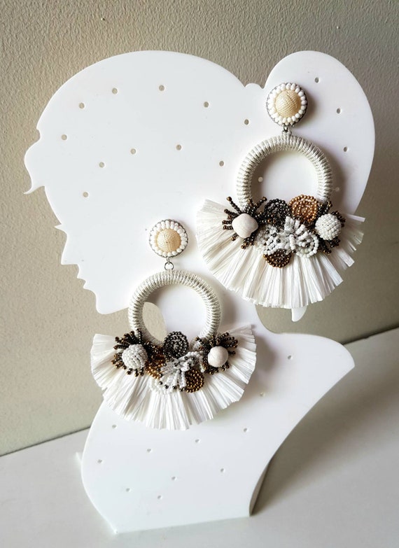 Bridal Raffia Hoop Earrings Boho Embellished Raffia White Wedding