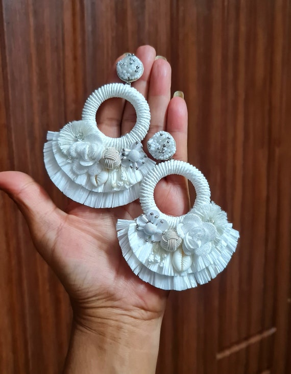 Statement White Flower Bridal Hoop Earrings: Handcrafted Bohemian