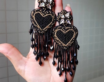 Black Lux Statement Beaded Heart Long Earrings,Sparkling Black Heart Earrings,Glittering Black Party Heart Earrings By Carnation Jewellery