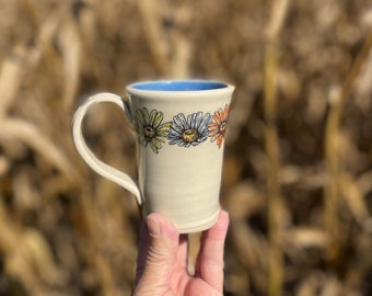 Handmade 8oz. Stoneware Ceramic Coffee/Tea Mug with a Colorful Field of Daisies