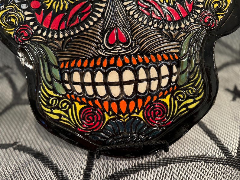 Halloween Handpainted Colorful Day of the Dead Ceramic Tray, Charcuterie Board, Skull Tray, Etsy