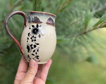 Handmade 16 oz Stoneware Ceramic Mug, Pottery, Unique Gift, Functional Pottery, Coffee Mug, Black and Red and Cream