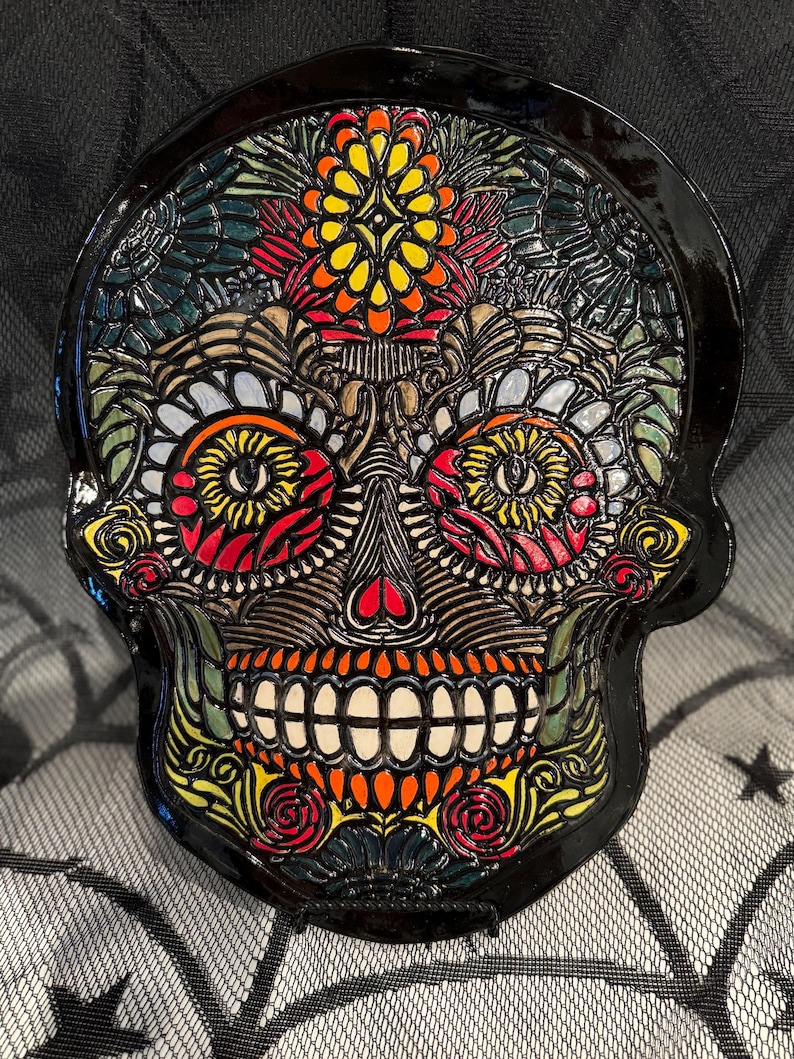 Halloween Handpainted Colorful Day of the Dead Ceramic Tray, Charcuterie Board, Skull Tray, Etsy
