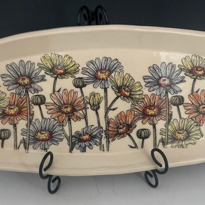 Colorful Ceramic Serving Tray, Rectangle Plate, Functional Stoneware Pottery, Daisy Flower, Serving Platter, Hand Painted, Home Decor