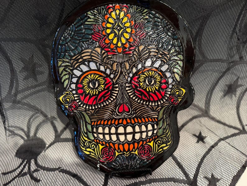 Halloween Handpainted Colorful Day of the Dead Ceramic Tray, Charcuterie Board, Skull Tray, Etsy