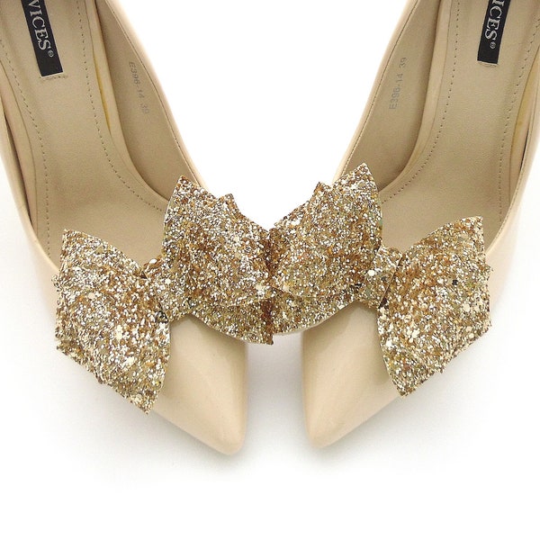 Gold shoe clips bows for shoes ,brokade shoe clips ,glitter shoe bow clips, big bows for shoes ,wedding shoe clips bridal shoes clips GOLD