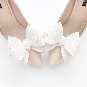 weiße Glitzer-Schuhclips, Hochzeitsschuhdekorationen 3D-Schleifen mit Glitzer, weiß, weiß glänzende Schuhschleifen, Glitzer, Glitzer