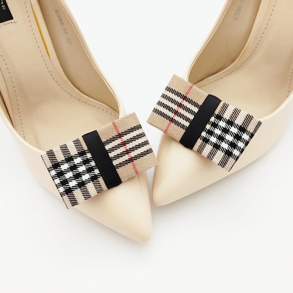 beige rectangle plaid shoe clips | shoe decarations | handmade shoe clips bows black & red