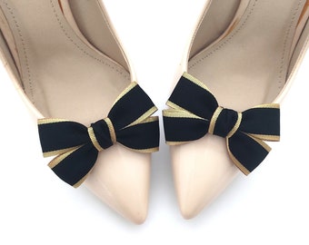 black shoe clips | handmade shoe clips with black and gold bows | shoe clips | decorations | black bows
