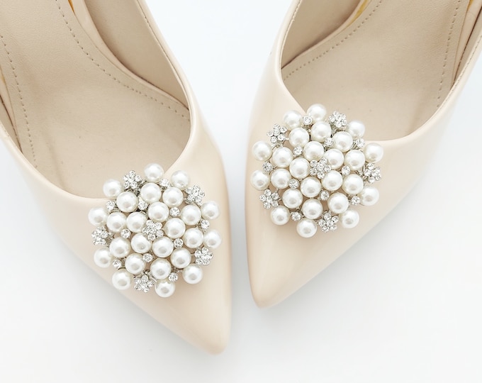 Pearls Shoe Clips ,wedding Shoe Clips , Pearl Shoe Decorations, Silver