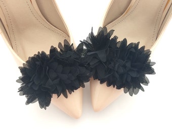 black shoe clips, pompons flowers black , shoe clips , pompon shoes clips shoe accessories , shoe clips wedding , shoe clip , shoe clips