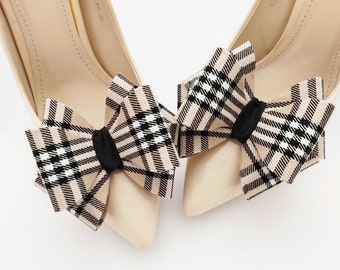 Tartan 3D bows shoe clips | shoe decarations | handmade shoe clips | beige tartan plaid rectangle clips for shoes