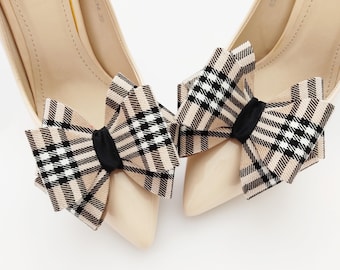 Tartan 3D bows shoe clips | shoe decarations | handmade shoe clips | beige tartan plaid rectangle clips for shoes