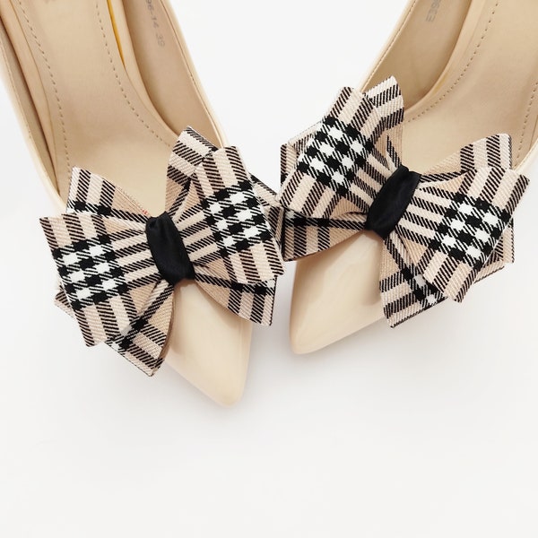 Tartan 3D bows shoe clips | shoe decarations | handmade shoe clips | beige tartan plaid rectangle clips for shoes