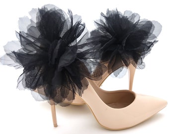 Schuhclips SCHWARZ Blumen XXL | Chiffon-Hochzeitsschuhdekorationen