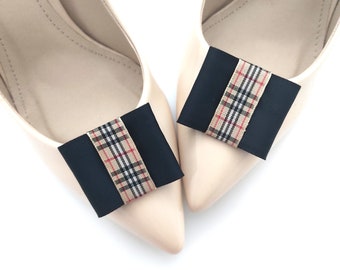 black checkered shoe clips | handmade bow shoe clips beige, black and red | shoe clips | decorations