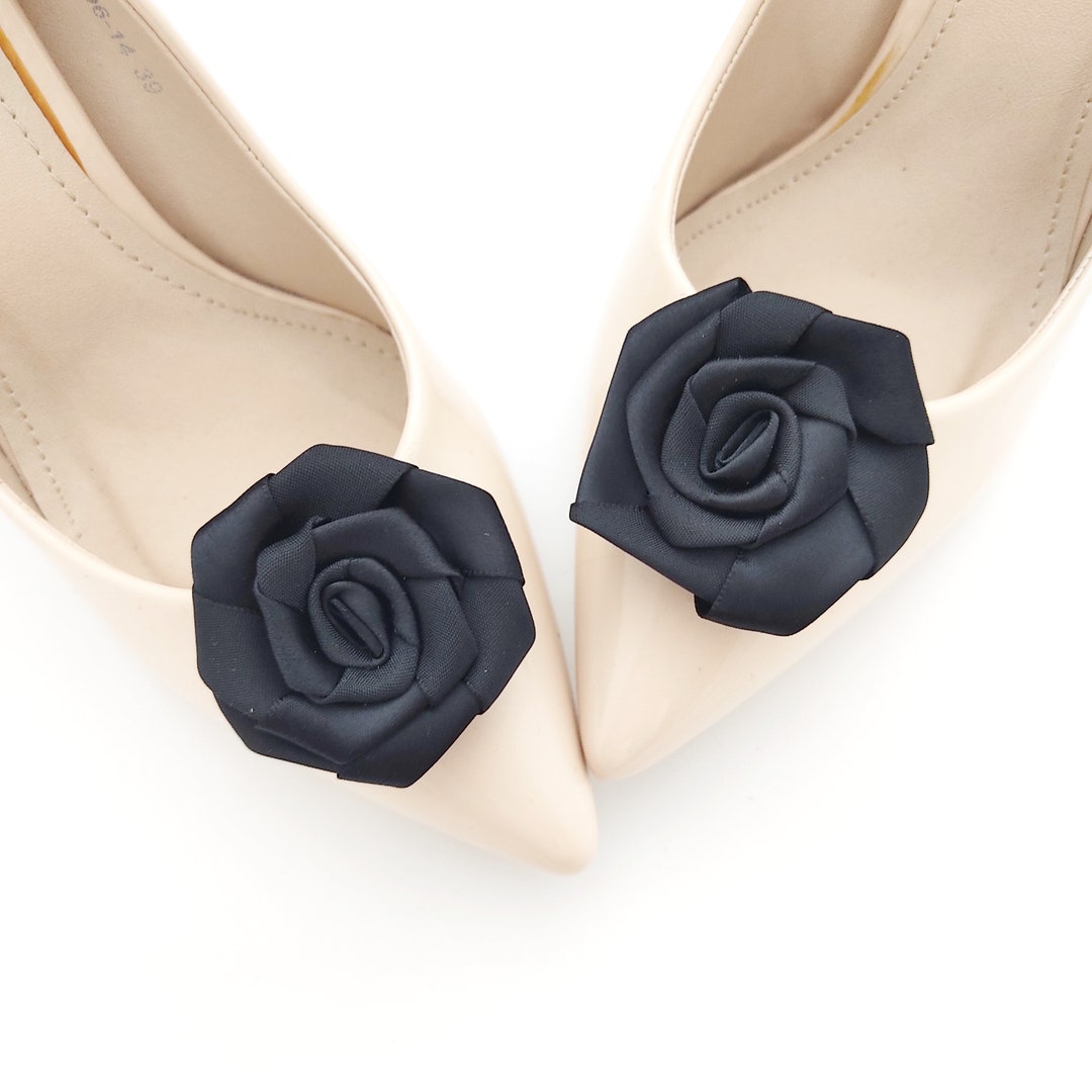 Black Satin Rose Shoe Clips, Bridal Black Shoe Clips Satin Roses for