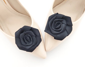 black satin rose shoe clips, bridal black shoe clips satin roses for shoes, satin flowers shoe clips, black shoe clips , satin shoes Judaeve