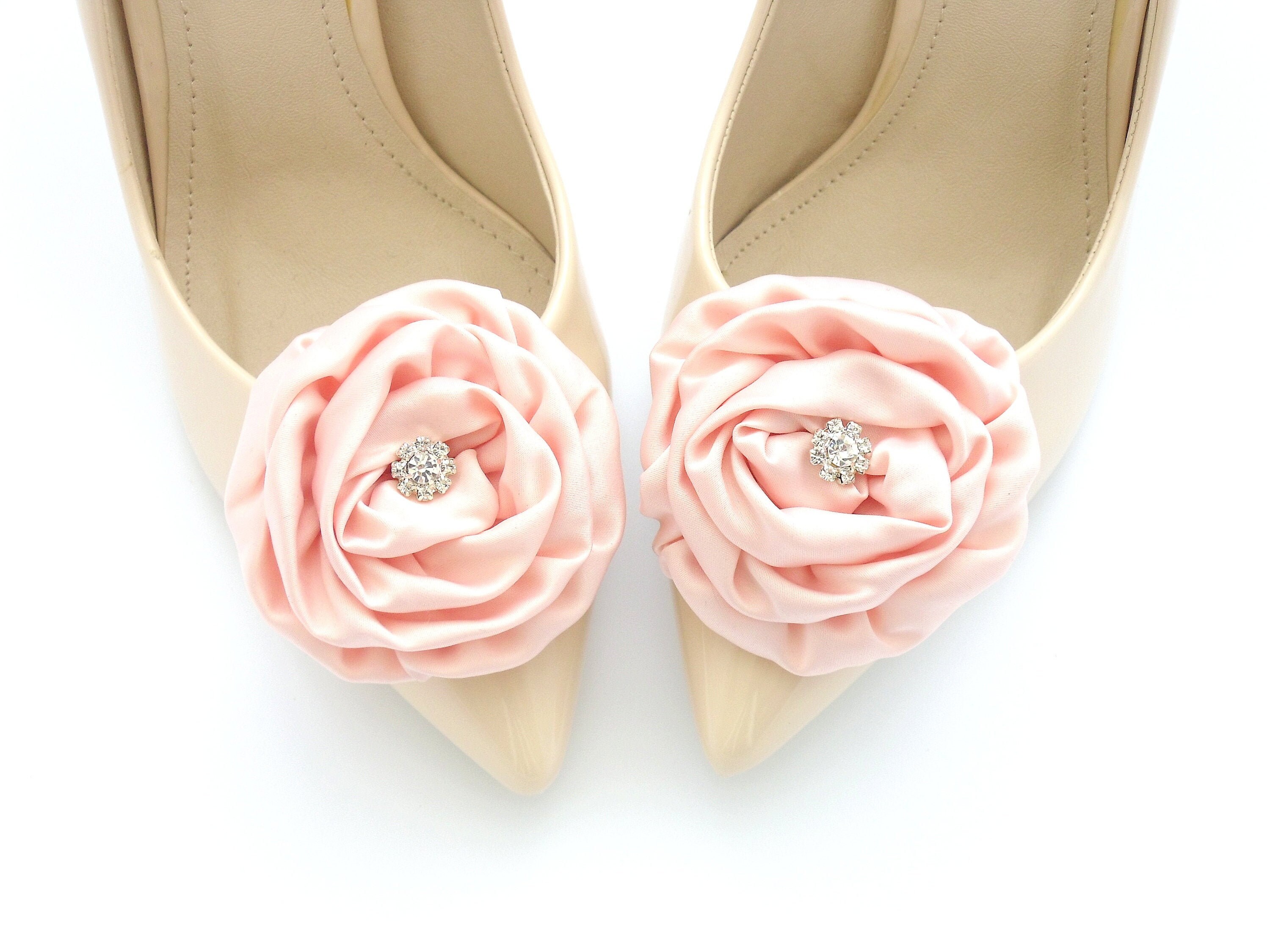 Pink flowers satin shoe clips rhinestones shoes clip wedding Etsy