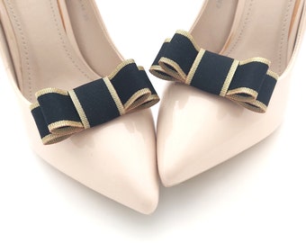 black shoe clips | handmade shoe clips with black and gold bows | shoe clips | decorations | black bows