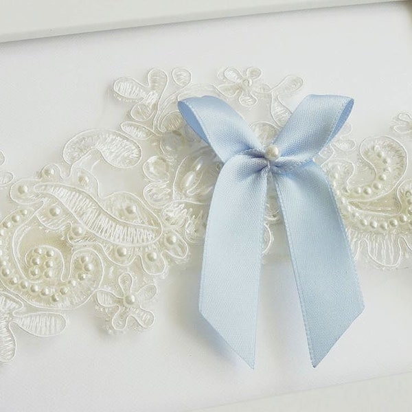 Cream garter with pearls something blue wedding bridal garter lace garters - Judaeve