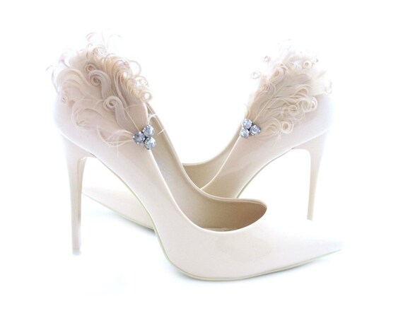 Nude Feathers Whit Crystal Shoe Clips Wedding Silver Crystals Etsy